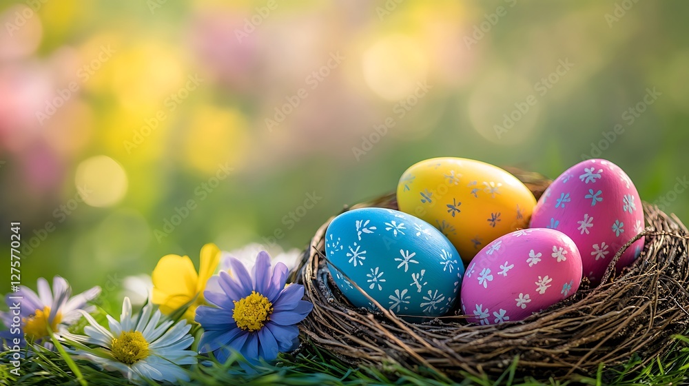 Fototapeta premium Colorful Easter eggs in a nest, springtime setting, for celebration