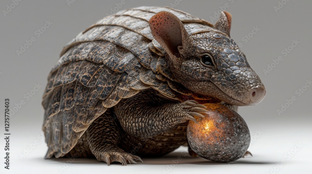 Obraz premium Armadillo Holding Stone with Bright Glow in Neutral Background