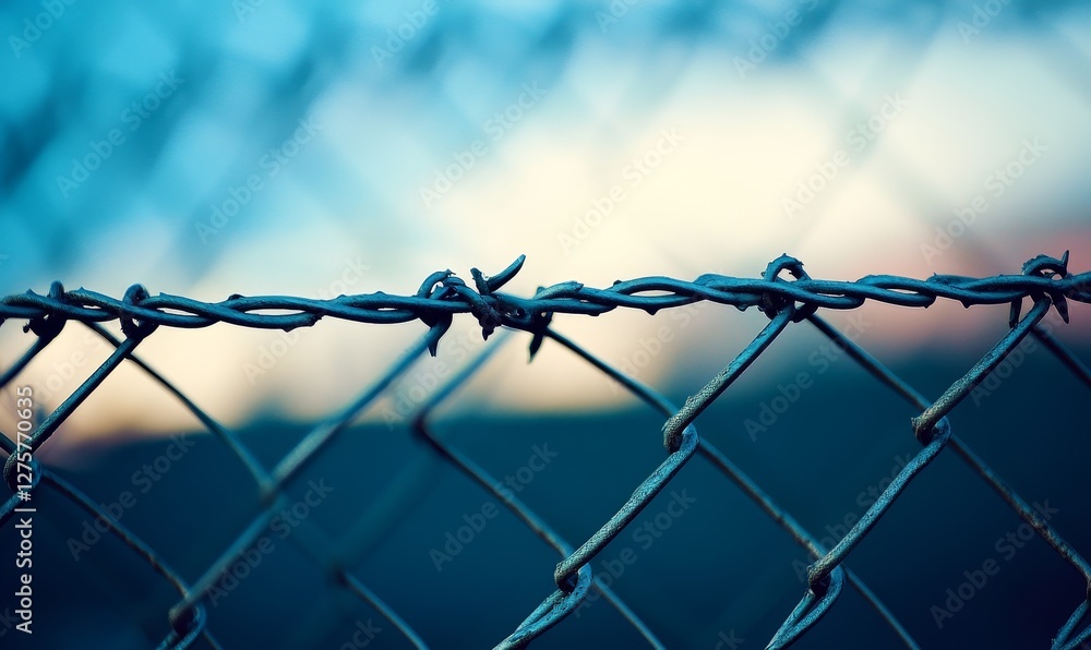 Sharp barbed wire security on chain link fence outdoors. Sharp barbed wire security on chain link fence outdoors.