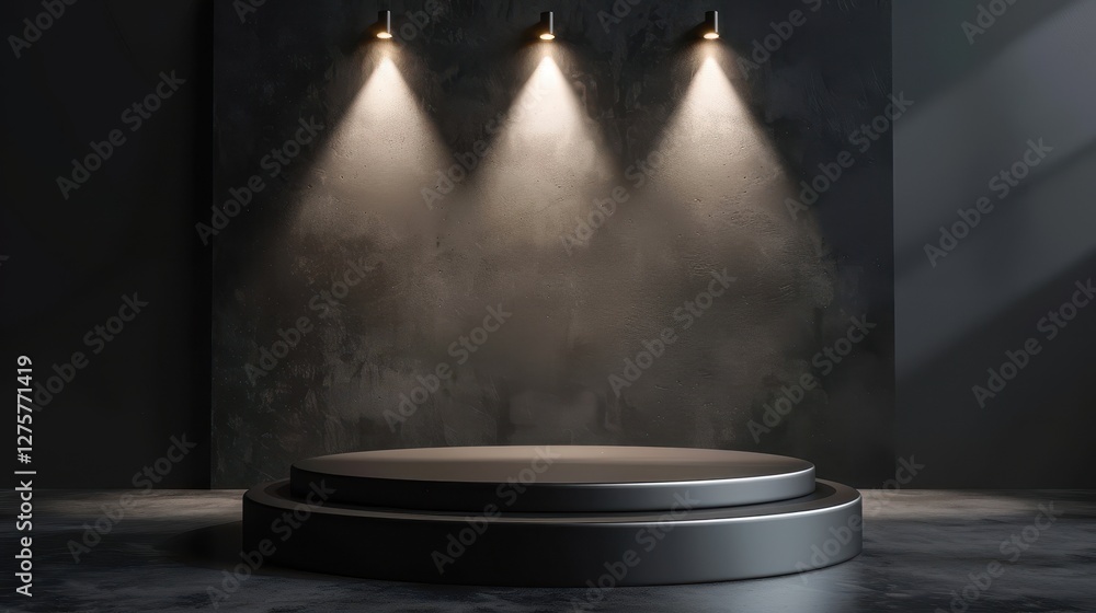 Dark Concrete Podium with Spotlights - Modern Interior Design