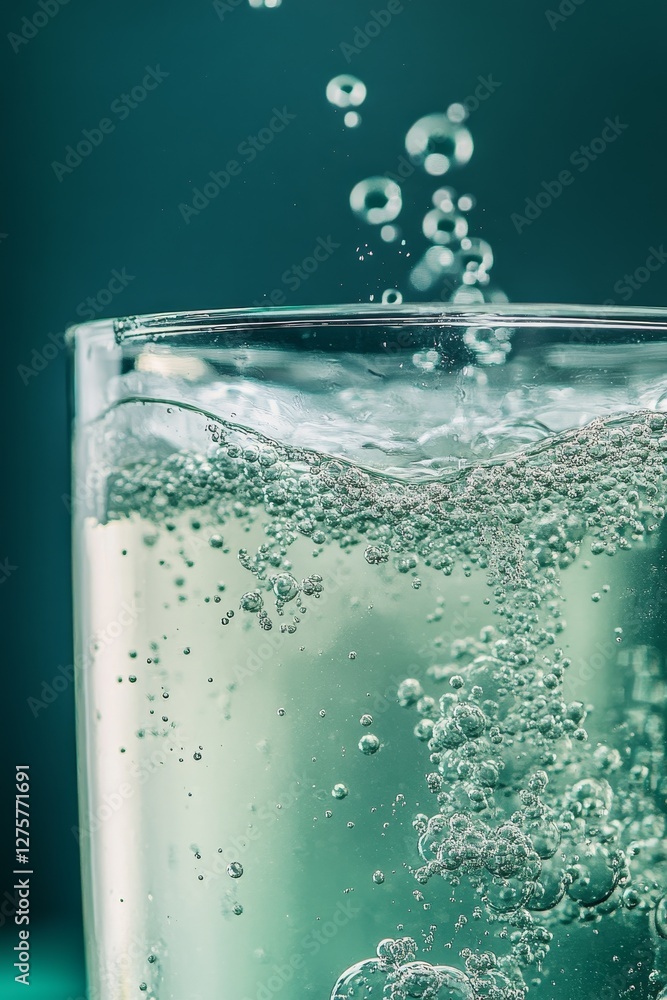 Sparkling water glass with rising bubbles over turquoise background. Sparkling water glass with rising bubbles over turquoise background.
