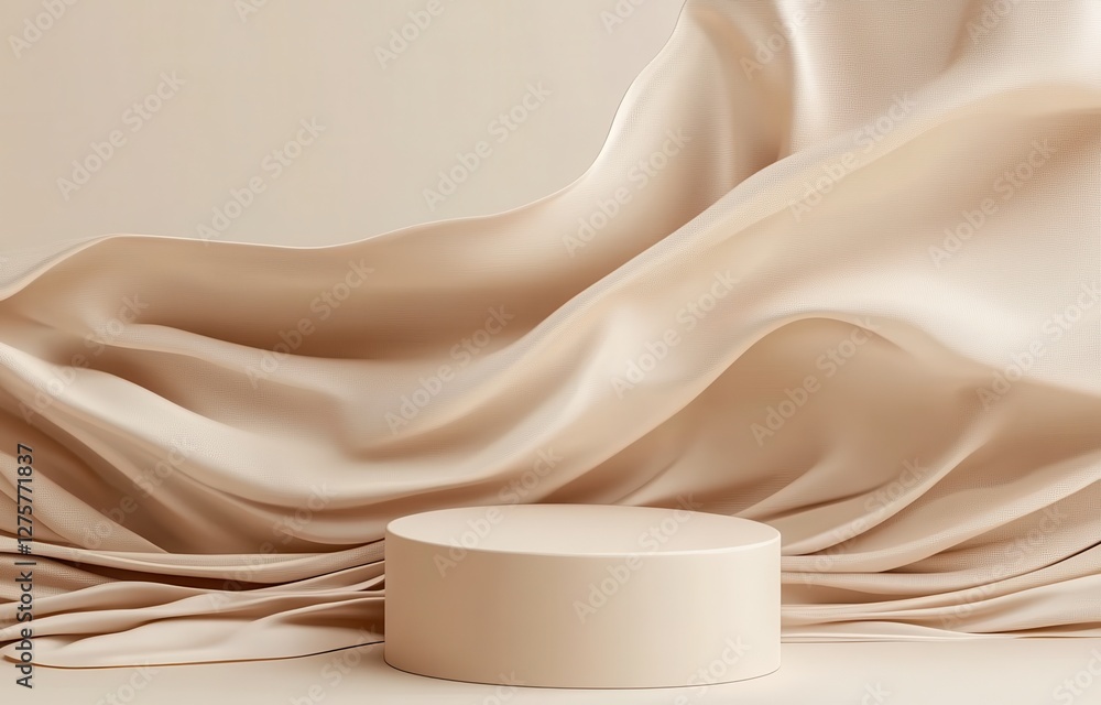 Beige Cylinder Podium with Draped Fabric Background