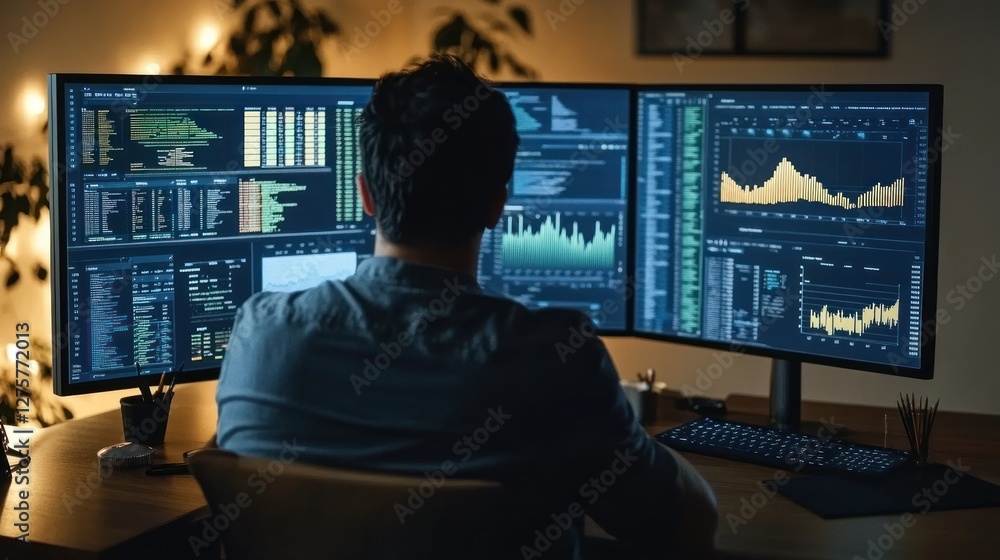 Man analyzing data on monitors at night home office Man analyzing data on monitors at night home office