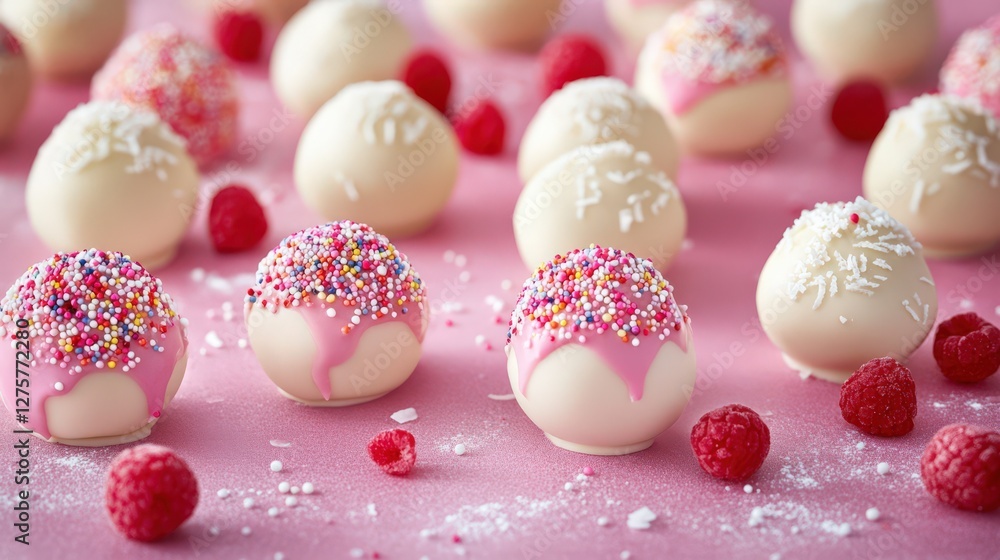 Obraz premium Colorful dessert balls decorated with sprinkles and raspberry on a pink background