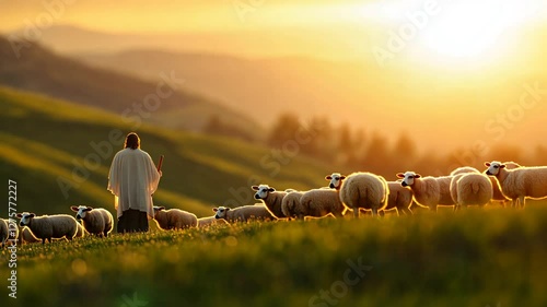 A tranquil countryside scene featuring Jesus in prayerful reflection as a shepherd.