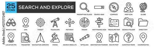 Search and Explore icon collection set. Containing design Magnifying Glass, Search Bar, Compass, Map Icon, Globe