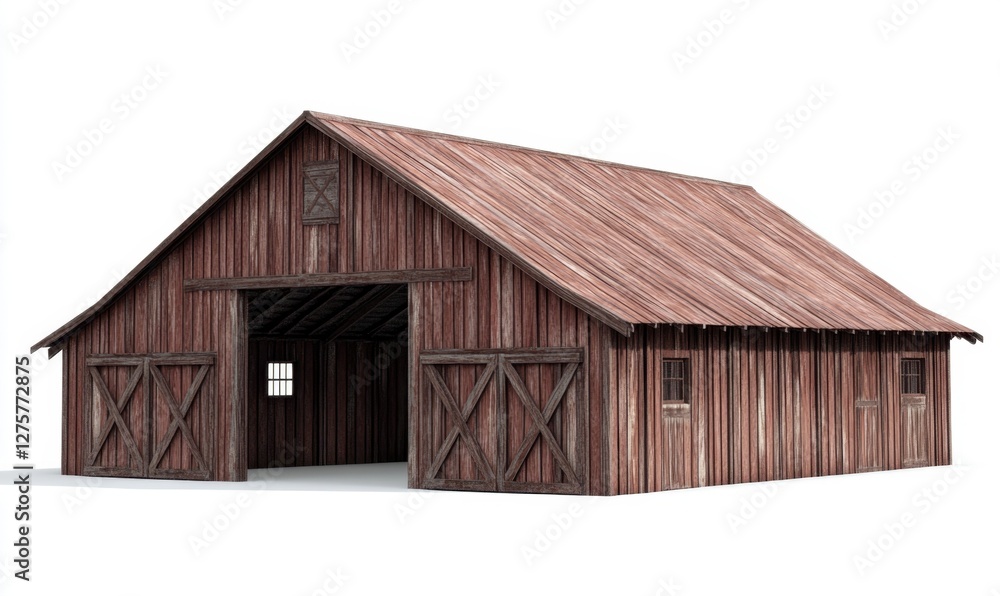 Rustic wooden barn with open doors, set against a clear sky, showcasing traditional architecture Rustic wooden barn with open doors, set against a clear sky, showcasing traditional architecture