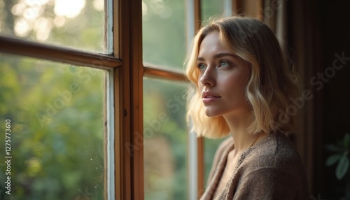 Young woman thoughtfully looks through window into garden. Contemplative blonde indoor, enjoying nature, peaceful gaze. Calm, natural daylight, quiet solitude and introspection at home. Free Download Young woman thoughtfully looks through window into garden. Contemplative blonde indoor, enjoying nature, peaceful gaze. Calm, natural daylight, quiet solitude and introspection at home. - GFXLoad