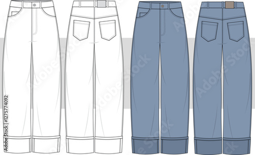 Unisex cuff Jeans Pants technical fashion illustration.  Boyfriend, mom fit jeans Fashion flat technical drawing template, hight waist, straight, women, men, unisex CAD mockup set.