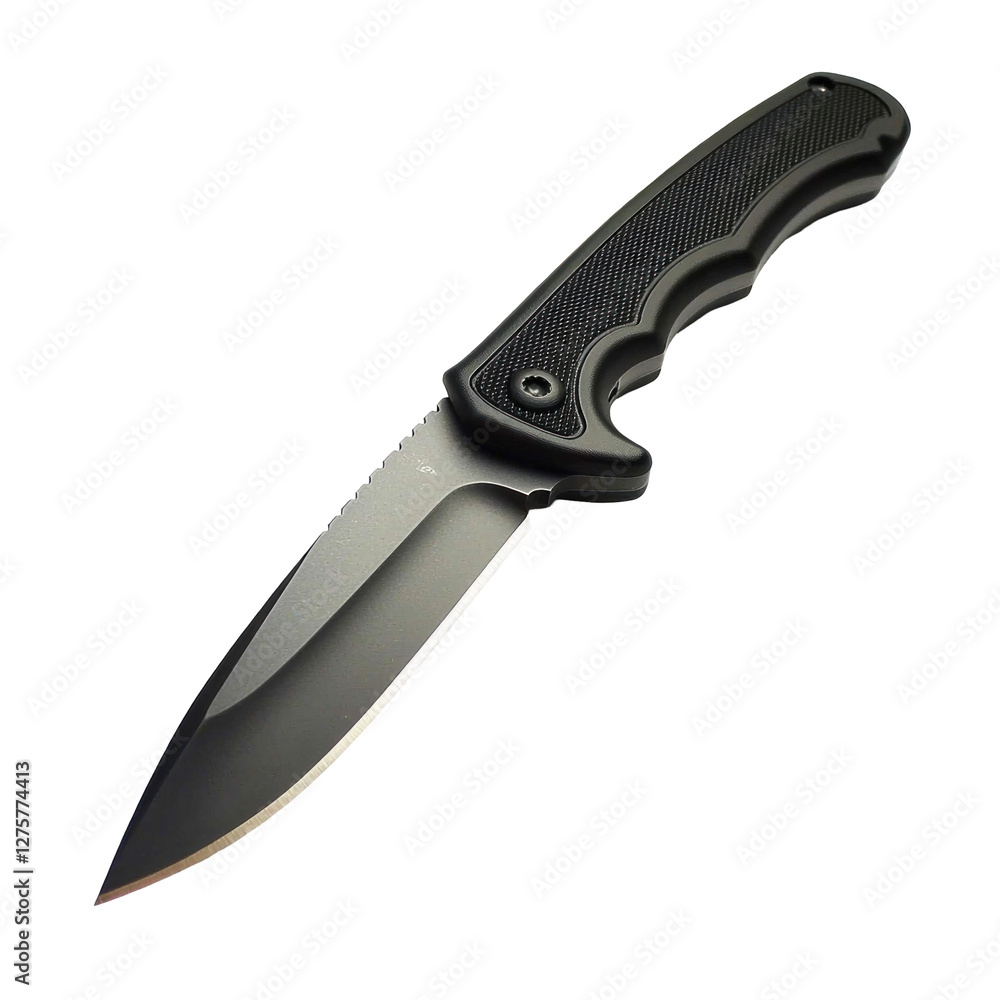 Fototapeta premium Sleek black folding knife with sharp blade design isolated on png transparent background, cut out