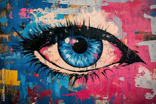 Colorful graffiti-style artwork featuring a striking blue eye painted on a vibrant background photo