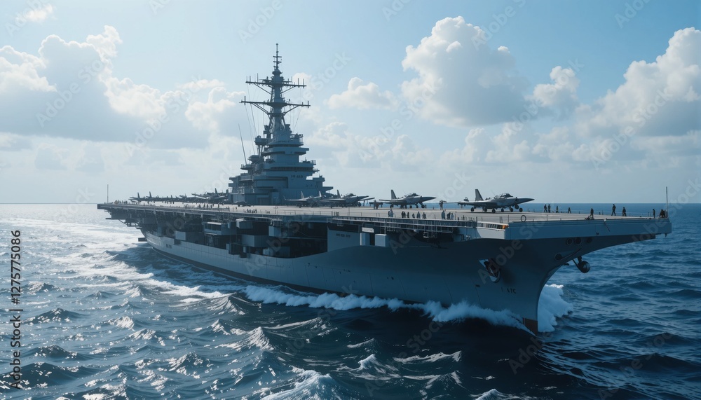 A colossal military vessel glides through tranquil waters, with aircraft lined up on the deck, exhibiting readiness. Fluffy clouds drift above in a stunning azure sky, highlighting naval strength A colossal military vessel glides through tranquil waters, with aircraft lined up on the deck, exhibiting readiness. Fluffy clouds drift above in a stunning azure sky, highlighting naval strength