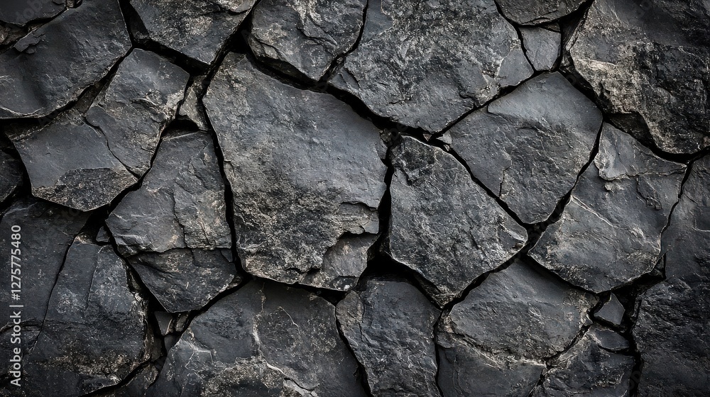 Fototapeta premium Fractured Black Rock Wall with Deep Cracks.