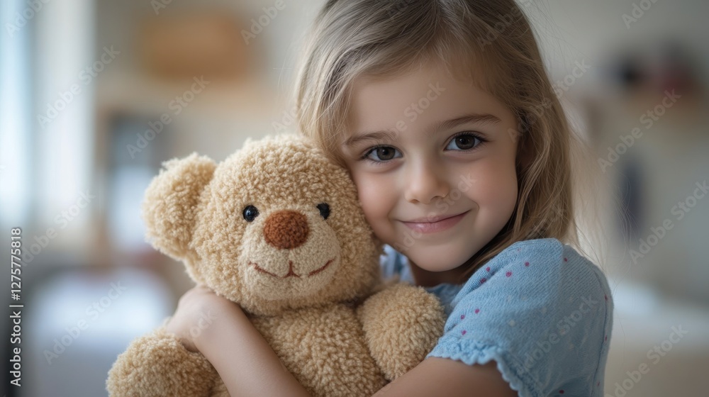 A joyful child cuddling a teddy bear, radiating happiness and innocence. A joyful child cuddling a teddy bear, radiating happiness and innocence.