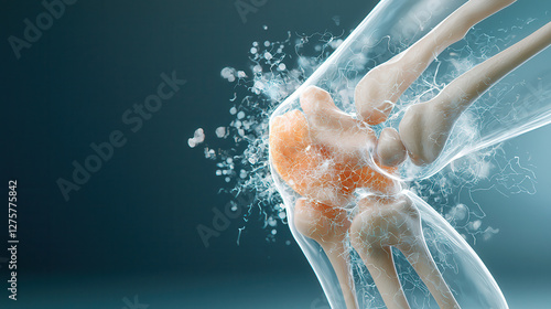 X ray image of shattered kneecap with multiple bone fragments, showing intricate details of injury