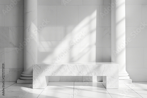 Obraz na płótnie Elegant White Marble Bench in a Modern Architectural Setting w salonie