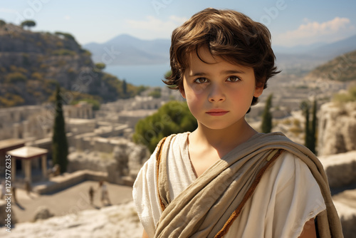Young Boy in Ancient Greece: Dressed in Traditional Toga, Reflecting the Rich History, Culture, and Education of Greek Society, Surrounded by Classical Architecture and Mythological Influence. History