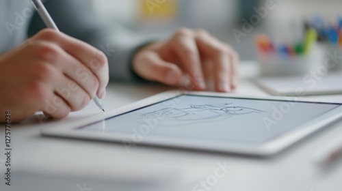 A close-up of hands collaborating on a design project using tablets and sketches in a creative space,