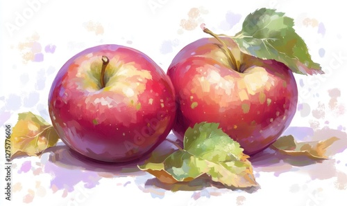 Two ripe red apples with green leaves on a soft background, suggesting freshness and harvest