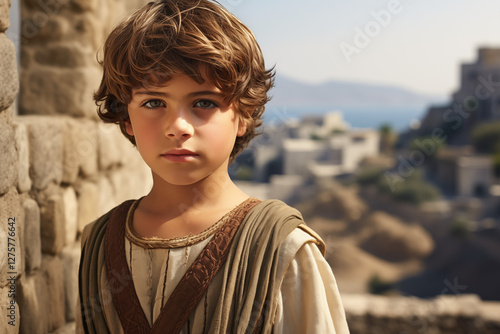 Young Boy in Ancient Greece: Dressed in Traditional Toga, Reflecting the Rich History, Culture, and Education of Greek Society, Surrounded by Classical Architecture and Mythological Influence. History