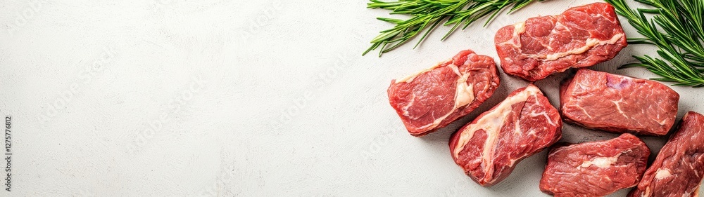 Fresh Raw Beef Steaks Rosemary Garnish White Background Food Fresh Raw Beef Steaks Rosemary Garnish White Background Food