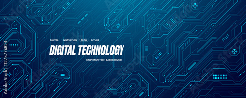 Futuristic AI circuit board background. Technology connected blue lines with electronics elements on tech bg. Computer motherboard with a chip, processor and semiconductor. Digital vector illustration