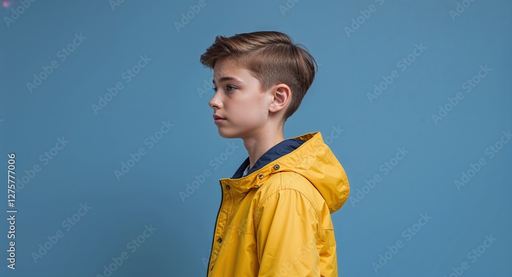 Caucasian boy in plain blue background wearing a gray hoodie young teen side view portrait Caucasian boy in plain blue background wearing a gray hoodie young teen side view portrait