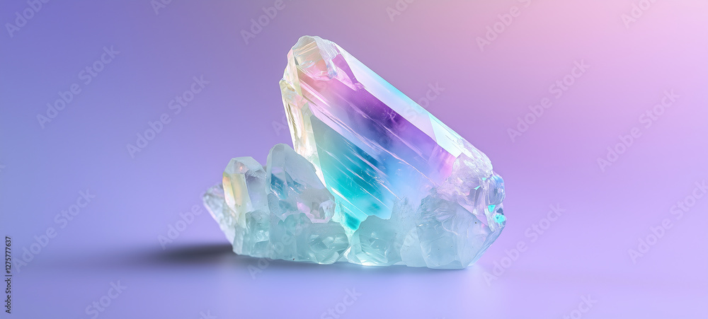 An isolated pastel rainbow quartz crystal on a purple background An isolated pastel rainbow quartz crystal on a purple background