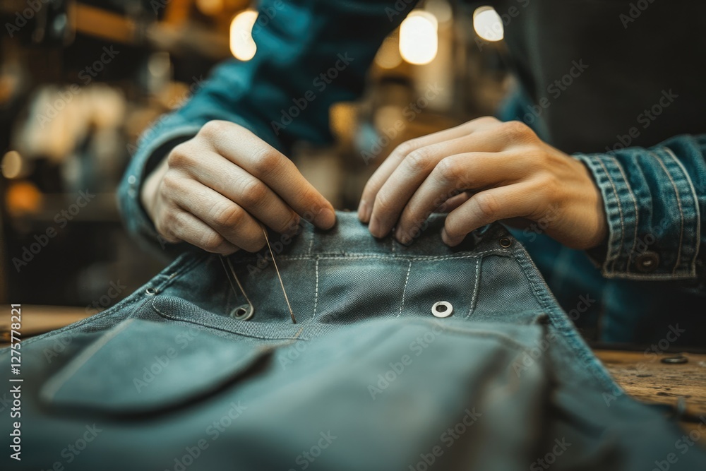 Fototapeta premium Close-up of hands meticulously sewing denim fabric, showcasing precise craftsmanship and attention to detail.