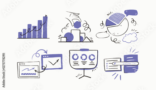 Business and finance hand-drawn icons set. Sketch-style illustrations of financial growth, data analysis, investment, and digital marketing. Flat vector doodle collection for business presentations