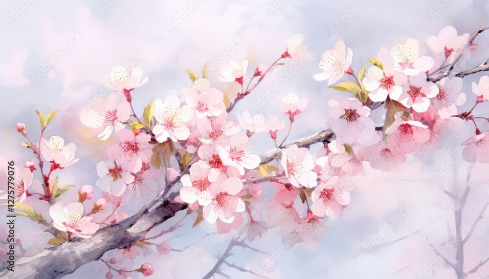 Blossom branch with flowers, spring, dreamy landscape background, for springtime, nature, and easter themes Blossom branch with flowers, spring, dreamy landscape background, for springtime, nature, and easter themes