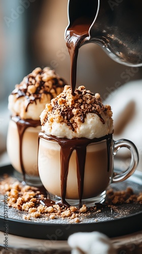 Hot chocolate, whipped cream, nuts, cafe