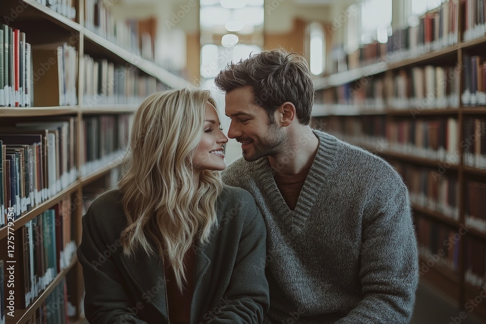 Couple sharing a moment in a library surrounded by shelves of books during a cozy afternoon Couple sharing a moment in a library surrounded by shelves of books during a cozy afternoon