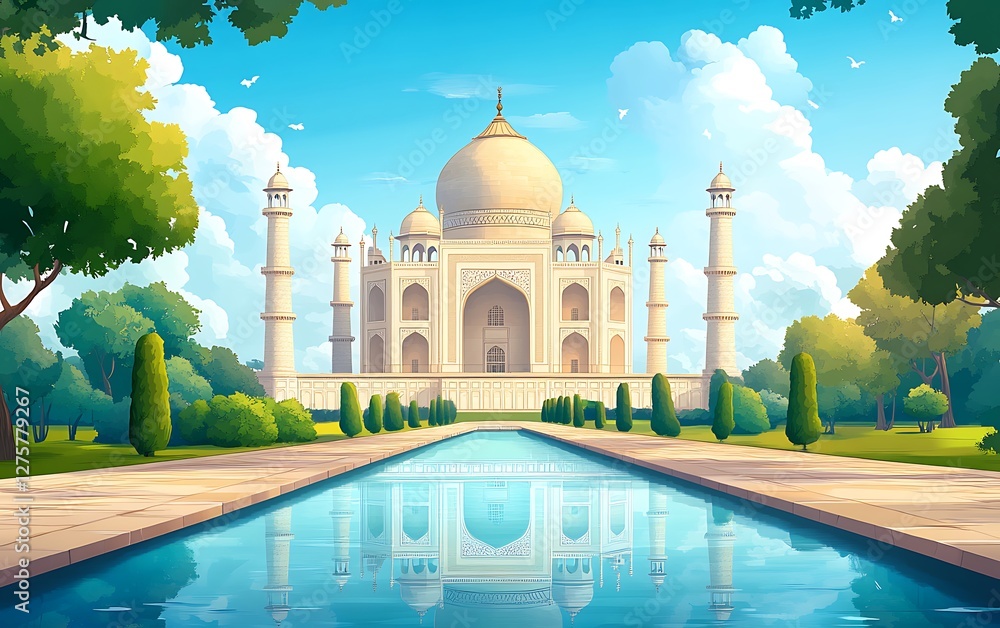 Fototapeta premium Cartoon Taj Mahal reflection in a pool, lush garden