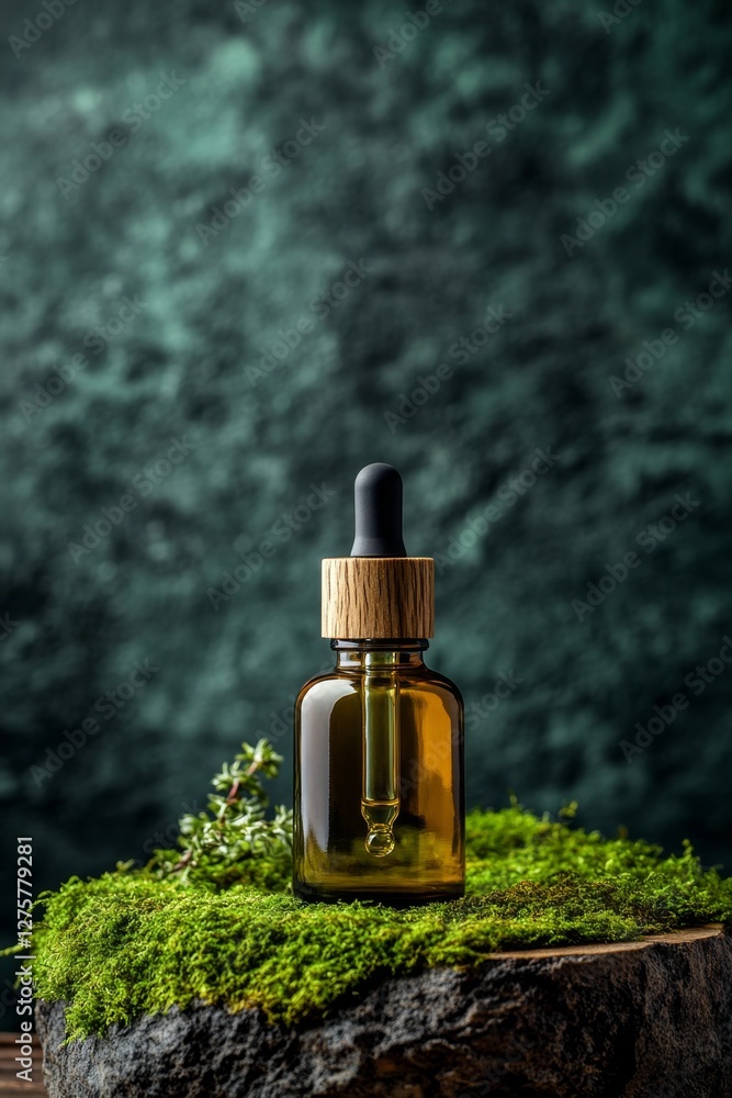 Amber essential oil bottle, moss, wood, dark background, nature product Amber essential oil bottle, moss, wood, dark background, nature product