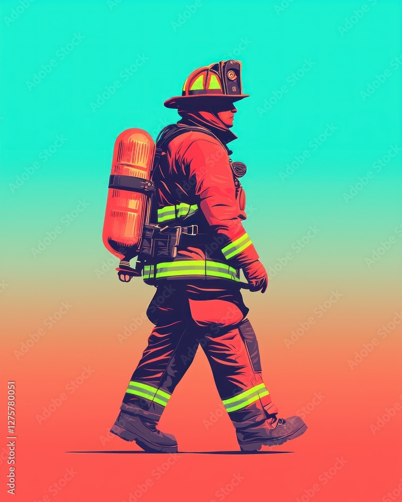 Firefighter Walking with Oxygen Tank Courageous First Responder Firefighter Walking with Oxygen Tank Courageous First Responder