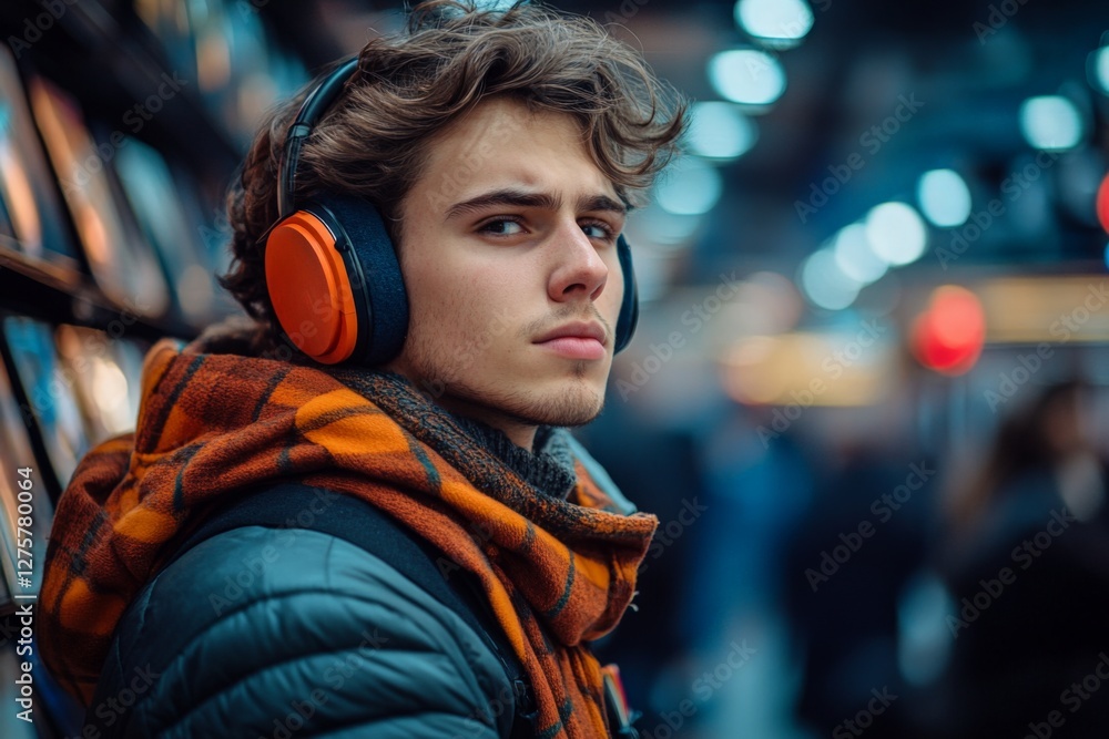 Young man wearing headphones enjoys music while exploring a vibrant indoor space filled with records during a busy day Young man wearing headphones enjoys music while exploring a vibrant indoor space filled with records during a busy day