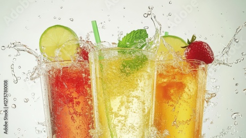 Fototapeta Naklejka Na Ścianę i Meble -  Refreshing summer drinks splashing in glasses with vibrant fruits and mint, enhancing the scene