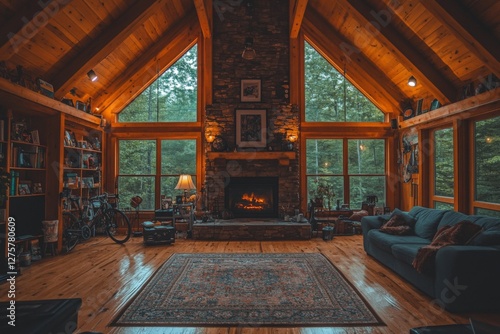 Cozy wooden cabin interior with large windows and a warm fireplace in a forest setting during the evening photo