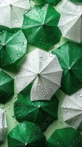 Wallpaper Mural Abstract arrangement of green and white umbrellas with water droplets creating a fresh and modern pattern Torontodigital.ca