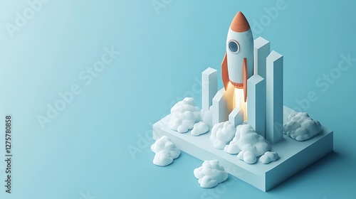 Minimalist Rocket Design on Blue Background, A minimalist design of a rocket on a light blue background, showcasing a sleek and modern aesthetic