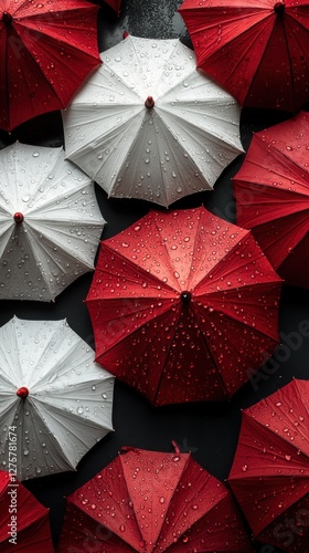 Wallpaper Mural Red and white umbrellas with water droplets arranged on a dark wet background in a stylish abstract composition Torontodigital.ca