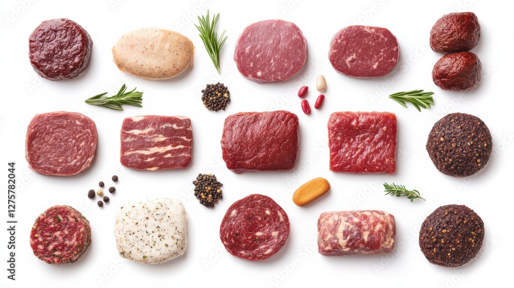 Naklejka premium Assorted raw meat cuts displayed on a white background, showcasing various textures and shapes