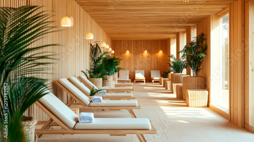 Luxury spa relaxation area with wooden loungers and natural decor