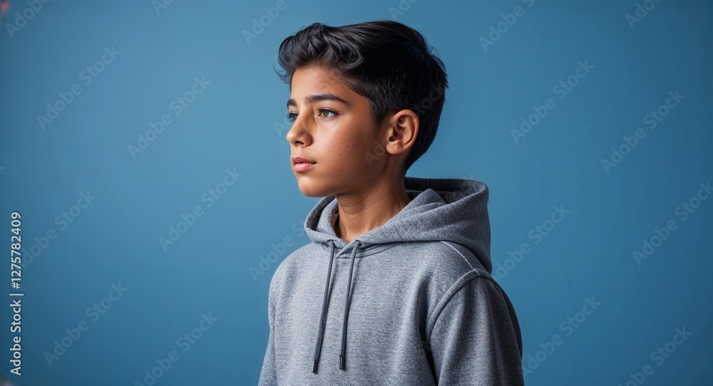 Hispanic boy in plain blue background wearing a gray hoodie young teen side view portrait Hispanic boy in plain blue background wearing a gray hoodie young teen side view portrait