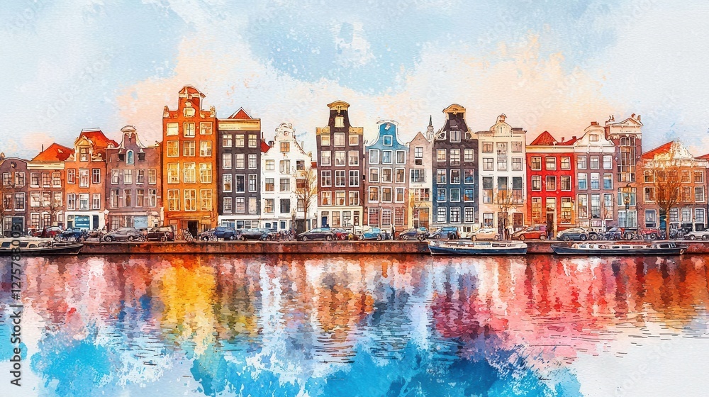 Fototapeta premium Colorful Dutch Buildings Reflected in Amsterdam Canals at Sunset