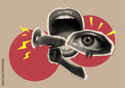  Shouting mouth,megaphone in hand and staring eye in halftone effect,cut out as if from a magazine,vector halftone elements for collage
