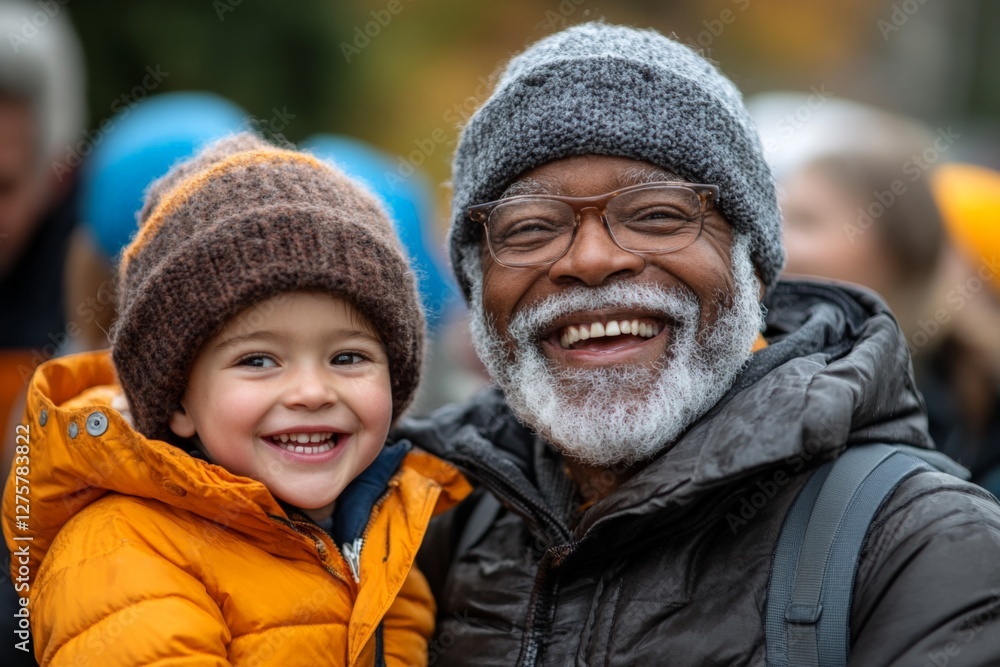 Joyful moment shared between a grandfather and grandson during a chilly autumn day outside Joyful moment shared between a grandfather and grandson during a chilly autumn day outside