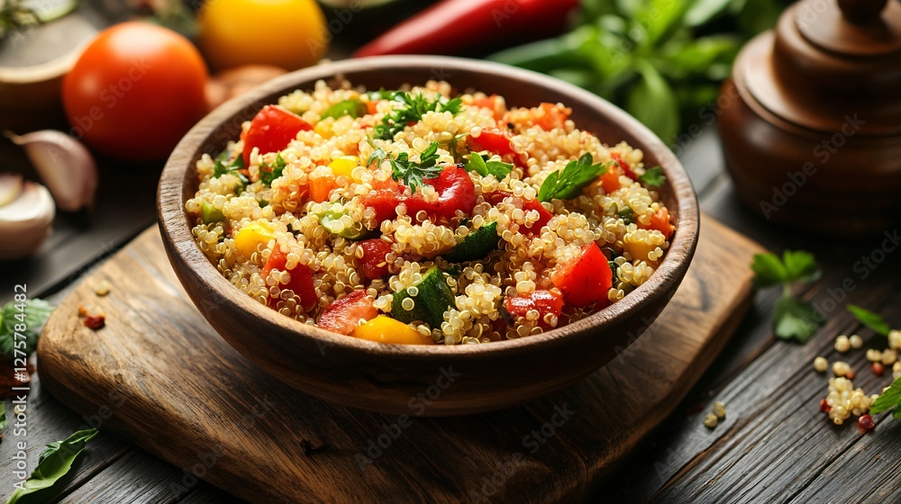 A close up of a warm quinoa dish with fire-roasted vegetables, surrounded by fresh ingredients on a rustic wooden cutting board A close up of a warm quinoa dish with fire-roasted vegetables, surrounded by fresh ingredients on a rustic wooden cutting board