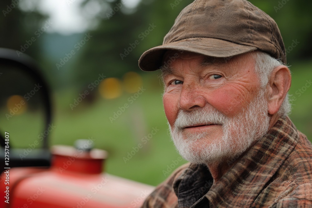 Elderly farmer smiles while resting near tractor in green countryside during a sunny day Elderly farmer smiles while resting near tractor in green countryside during a sunny day